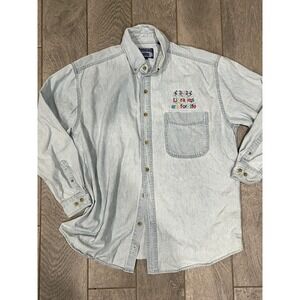 Vtg All Sport Real Good Denim Shirt Light Wash "Libraries‎ Are For Life" Large